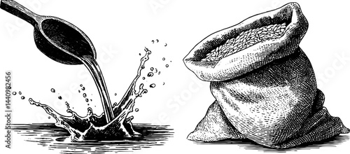 Traditional brewing elements: engraved splash and mash illustration for craft beer design