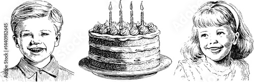 Engraved birthday celebration with kids and cake illustration set for festive designs