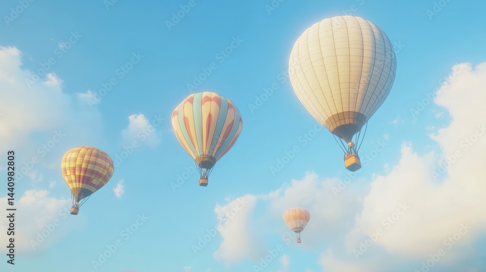 Naklejka premium Colorful hot air balloons float against a blue sky.