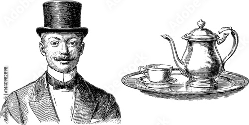 Engraved illustration of butler with silver tray featuring teapot and cup for vintage design