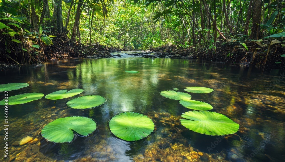 Tranquil jungle stream with lily pads. Lush vegetation surrounds a crystal clear waterway. Sunlight filters through the dense canopy Tranquil jungle stream with lily pads. Lush vegetation surrounds a crystal clear waterway. Sunlight filters through the dense canopy