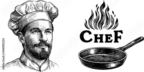 Engraved chef portrait with frying pan illustration for culinary arts