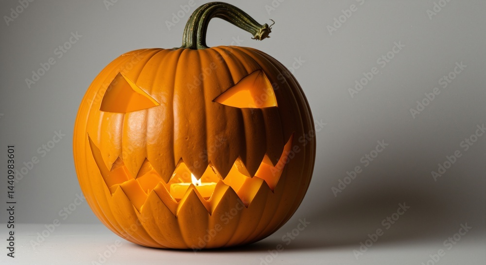 Carved Halloween pumpkin with a mischievous expression glowing from within, placed against a simple gray background Carved Halloween pumpkin with a mischievous expression glowing from within, placed against a simple gray background