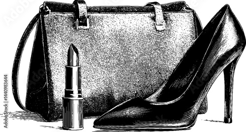 Vintage fashion accessories engraving featuring designer handbag and high heel with lipstick