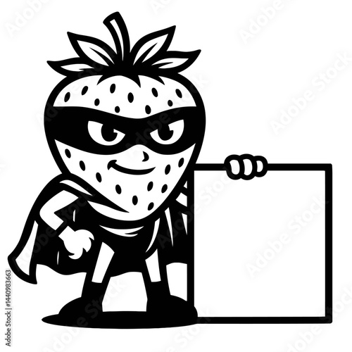 Cartoon Superhero Strawberry Character Holding Blank Sign - Black and White Illustration for Food, Mascot, Comics, or Graphic Themes