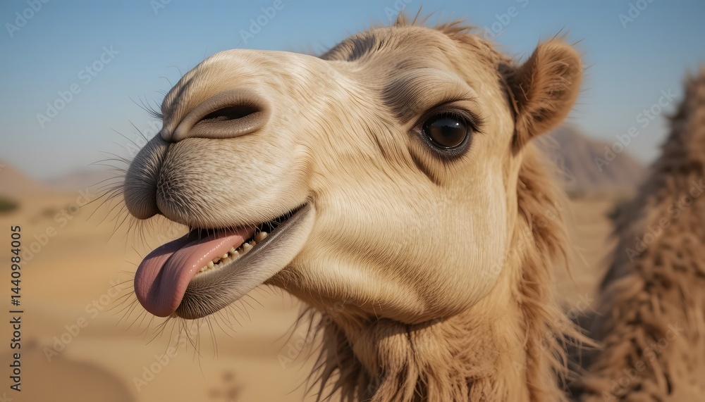 Obraz premium Funny animal wildlife photography - Close up portrait of funny camel drommedary with tongue stuck out in the desert