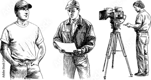 Engraved illustration set of film directors with camera and script for cinematic design
