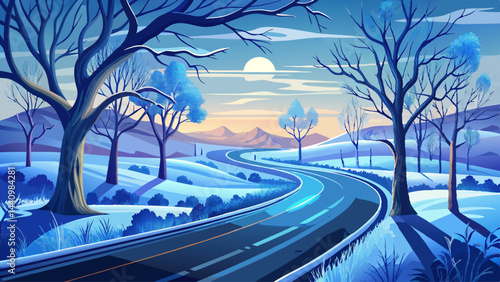 A lonely road winds through a quiet, frosted land.
Bare trees stretch their branches to the icy sky.
The crisp air shimmers under the clear blue light.
Winter paints the world in silence and silver.