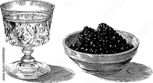 Elegant gala invitation design with engraved glass and caviar illustration