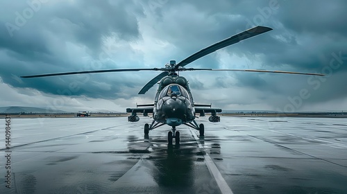 A black military helicopter parked on a wet runway, facing the camera with a stormy sky in the background.