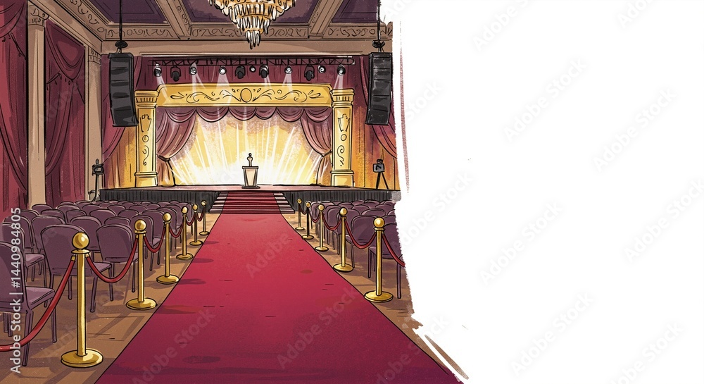 Obraz premium Elegant theater interior featuring a red carpet leading to a brightly lit stage with a podium, surrounded by velvet curtains and empty seating, creating a glamorous atmosphere