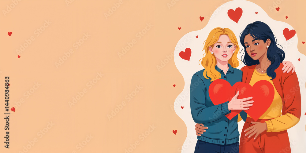 Fototapeta premium Two women sharing love with hearts against a warm background