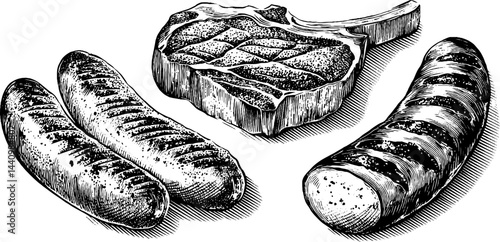 Engraved illustration of ground pork, sausages, and pork chop cuts for culinary design