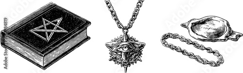 Engraved illustration set featuring grimoires, eye pendant, and chain for mystical design