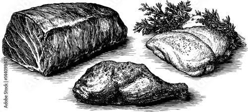 Engraved meat selection featuring ham roll and smoked cuts for culinary designs