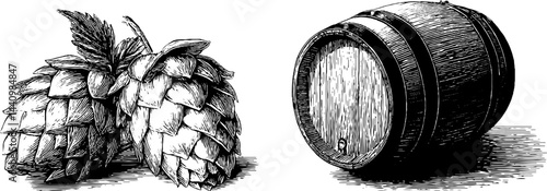 Engraved illustration of hazy ipa ingredients and wooden barrel design