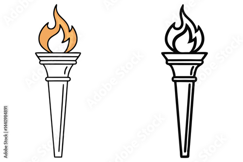 Torch Flames Icon Set, Orange Color Flame, Ancient Symbol Outline, White