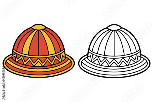 of pith helmet with red, yellow color and line art on white