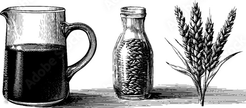 Engraved illustration set featuring homebrew kit with glass and grain concept