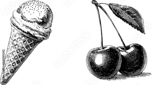 Vintage engraved ice cream cone and cherry illustration for design