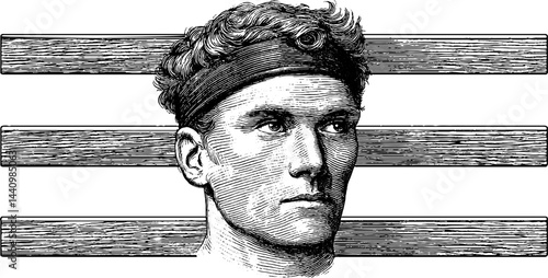 Engraved athletic portrait and hurdles for sports design and decor