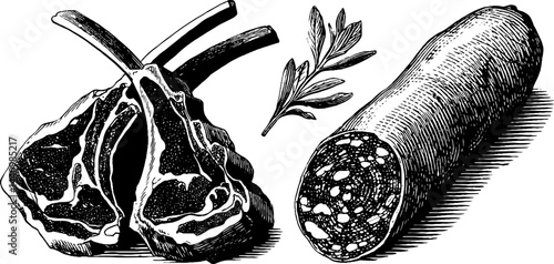 Engraved illustration of lamb ribs and salami with herb accent for culinary design