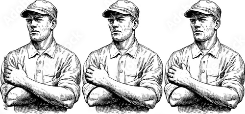 Engraved illustration set of male porter figures in uniform for vintage design