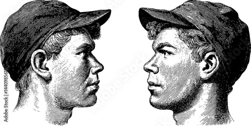 Vintage engraved illustration of male porter profiles for historical design projects