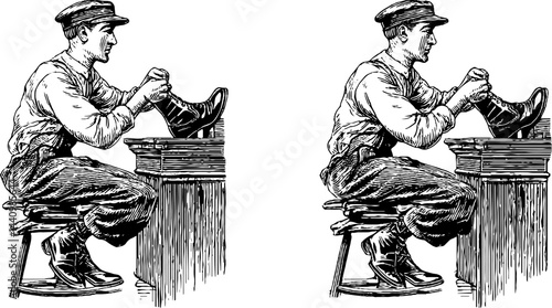 Vintage engraving of male shoeshiner at work in classic attire for historical design projects