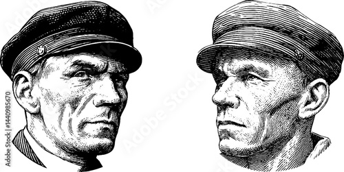 Engraved portrait of a male taxi driver in classic headwear for retro design projects