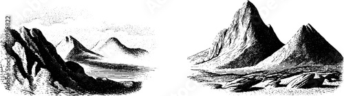 Engraved martian landscape illustration set for sci-fi art and design