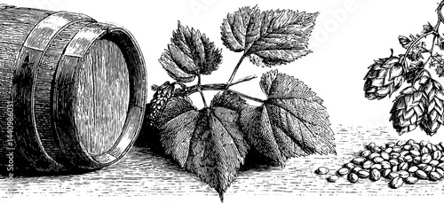 Vintage brewing elements: engraved metal keg and hops for beer and craft design