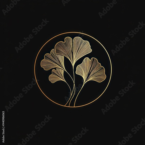 Ginkgo leaves in circle, elegant design, dark background, logo concept, stock photography, print design