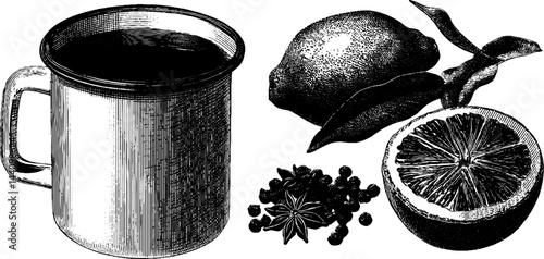 Engraved illustration of mulled wine with citrus, spices, and mug design for culinary prints