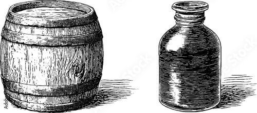 Vintage engraving of oak cask and bottle for aging concepts in brewing and distilling