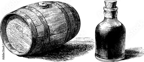 Vintage engraved illustration of oak cask and bottle for ageing