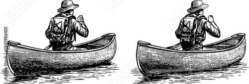 Vintage explorer in canoe engraving for artistic and educational purposes