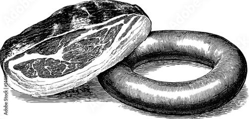 Vintage engraved illustration of pancetta and gammon for culinary design and decor