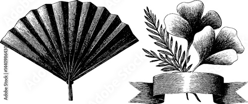 Vintage engraved illustration set featuring paper fan and floral streamer decoration