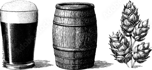 Vintage engraved style of pilsner glass, barrel, and hop plant illustration for brewing design