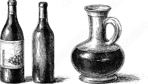 Vintage engraving of red wine bottles and decanter for decorative design