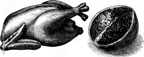 Engraved culinary illustration featuring roast duck and chicken with citrus