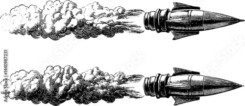 Vintage engraved rocket thruster illustration set for space exploration design