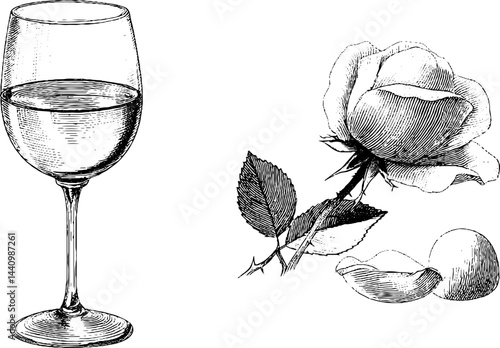 Engraved illustration set of rose wine glass and rose flower for elegant design