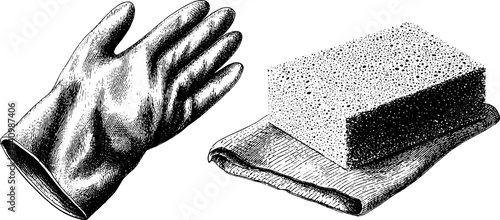 Vintage cleaning tools engraving featuring rubber gloves and sponge