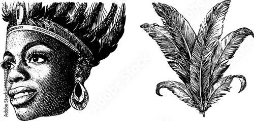 Engraved illustration of samba dancer and feather set for cultural and festive designs