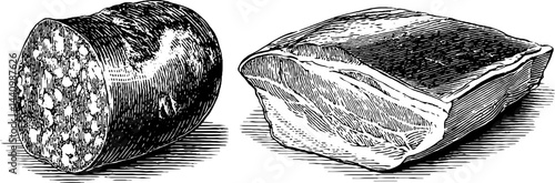 Vintage engraved illustration of sausage and pork cuts for culinary design
