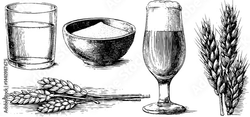 Seasonal ale brewing ingredients and tasting set engraving for vintage design
