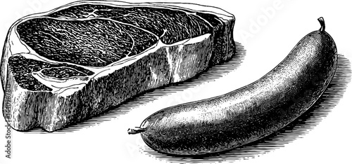 Engraved illustration of sirloin steak and sausage for culinary design