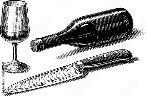 Vintage engraved illustration of sommelier knife with wine bottle and glass for culinary concepts
